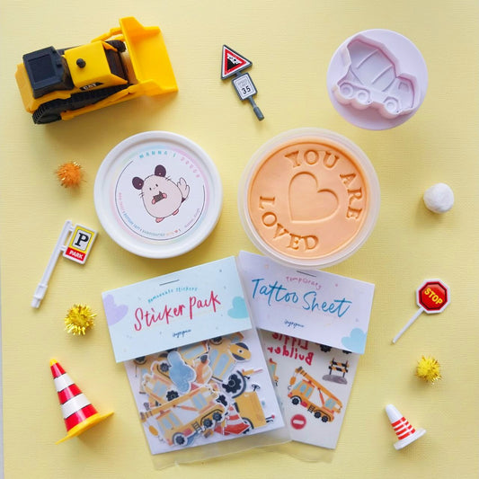 Construction Craze Party Pack (Bundle C - Tattoo + Reusable Stickers + Playdough + Stamper)