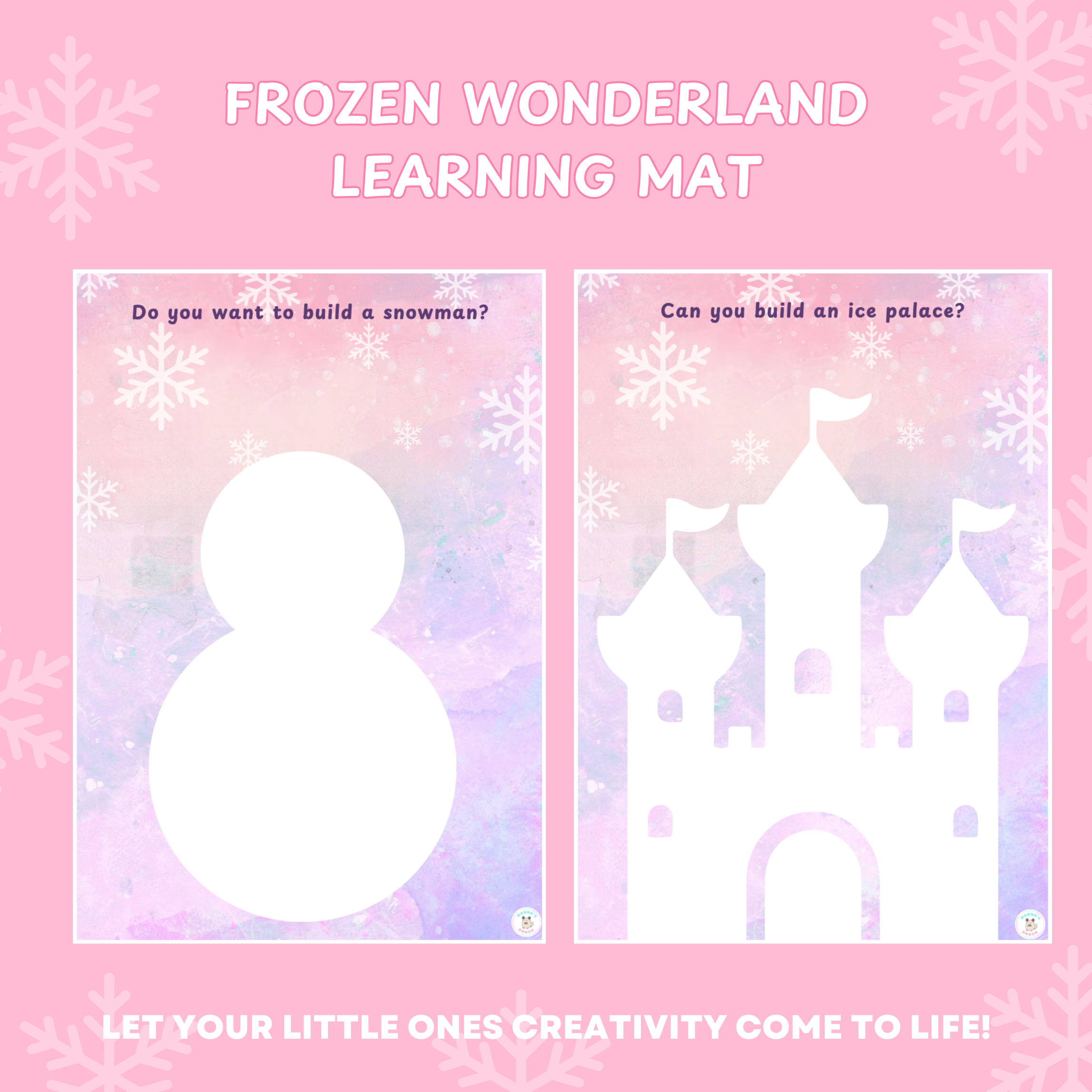 Frozen Wonderland playdough mats - features a dual sided mat that allows children to build their own snowman and also build an ice palace