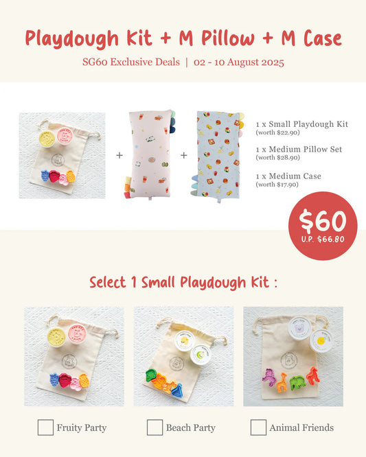 Promotional image of a playdough kit, pillow, and case set with pricing and availability details.