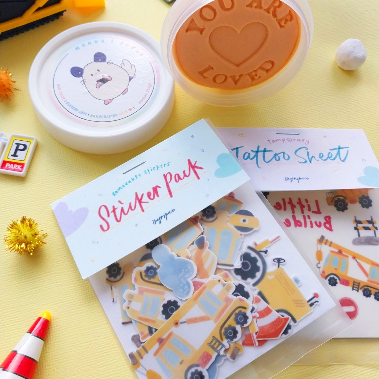 Construction Craze Party Pack (Bundle C - Tattoo + Reusable Stickers + Playdough + Stamper)