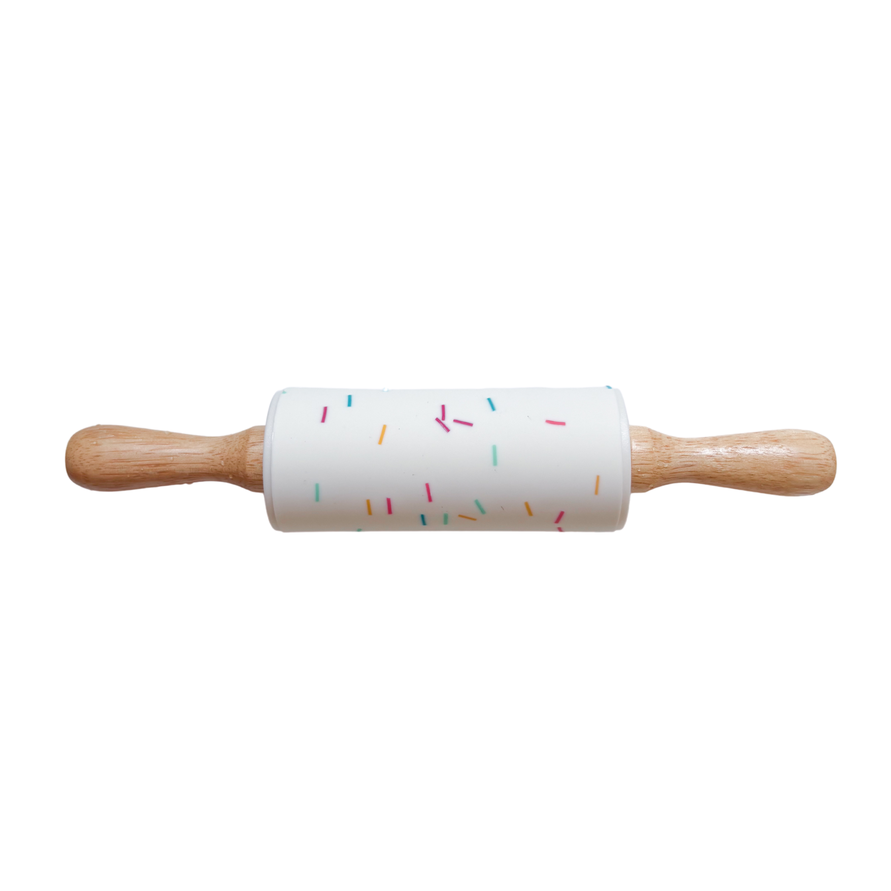 Rolling pin with a wooden handle and white roller featuring colorful sprinkles on a white background