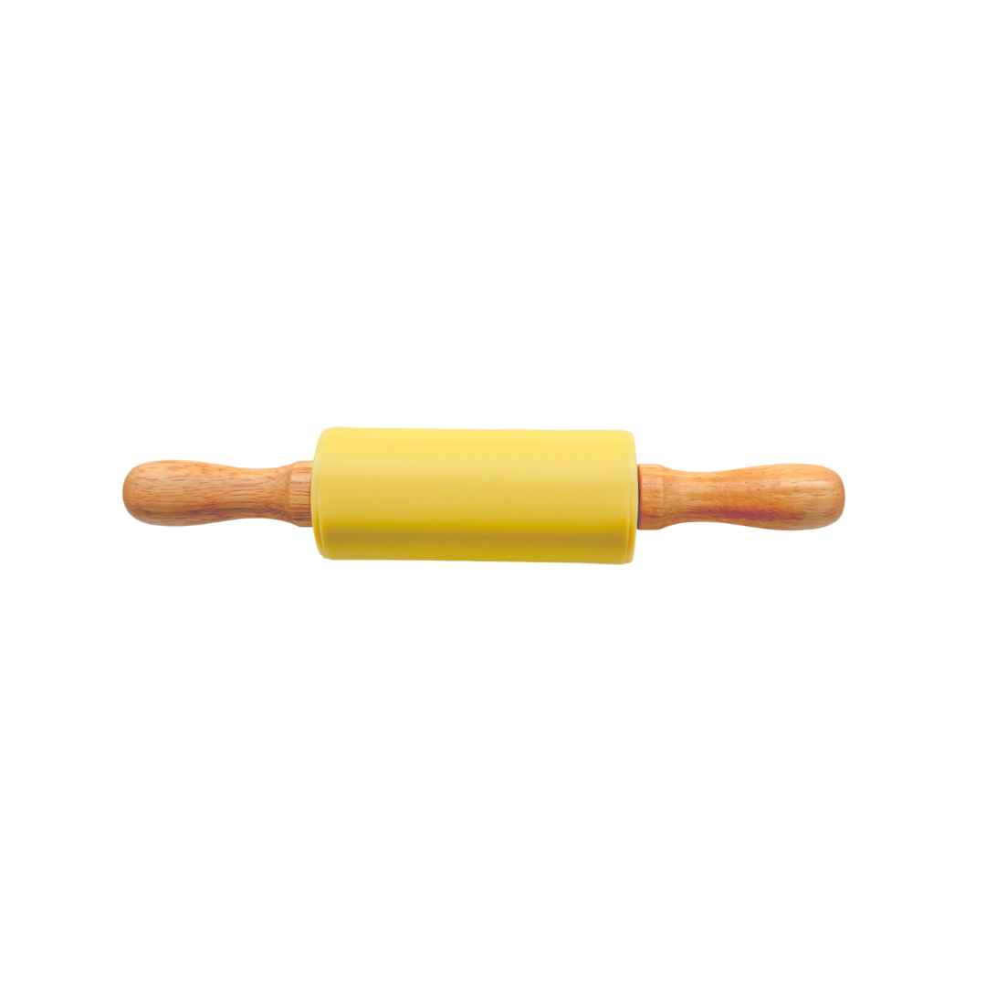Yellow rolling pin with wooden handles on a white background