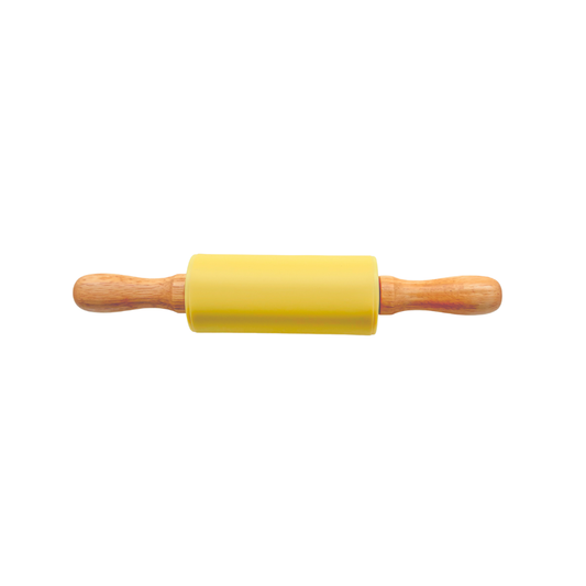 Yellow rolling pin with wooden handles on a white background